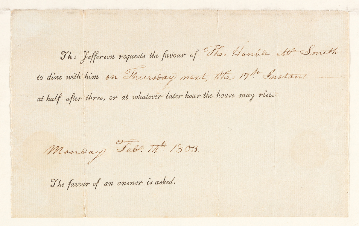 (PRESIDENTS--1803.) Invitation to visit President Thomas Jefferson at the White House.